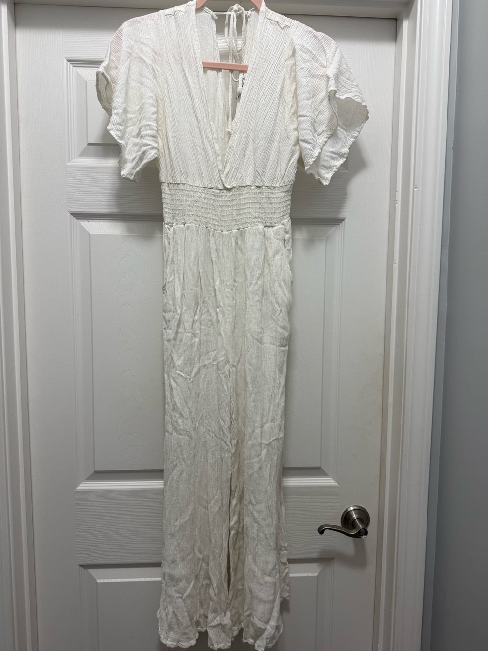 Dainty Hooligan Cream Textured V-Neck Jumpsuit